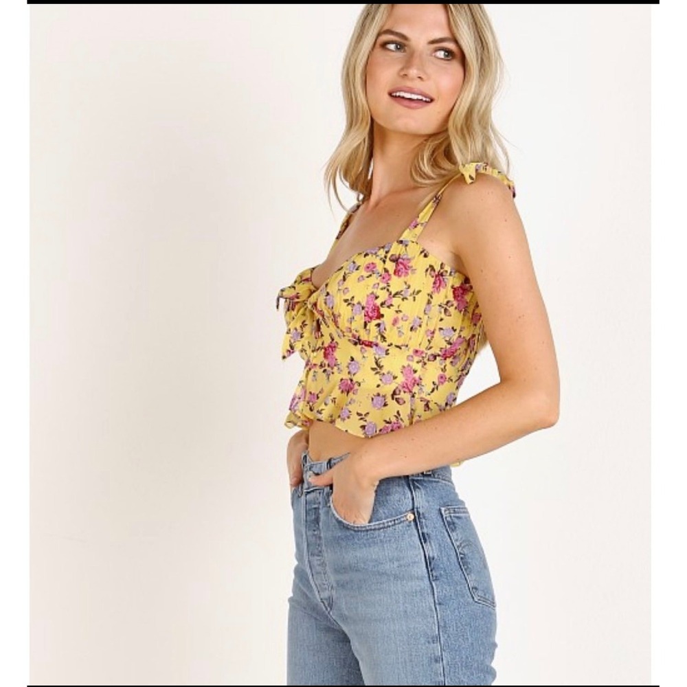 For‎ Love & Lemons Yellow Floral Silk Blend Tie Strap Crop Top Size Medium NEW
